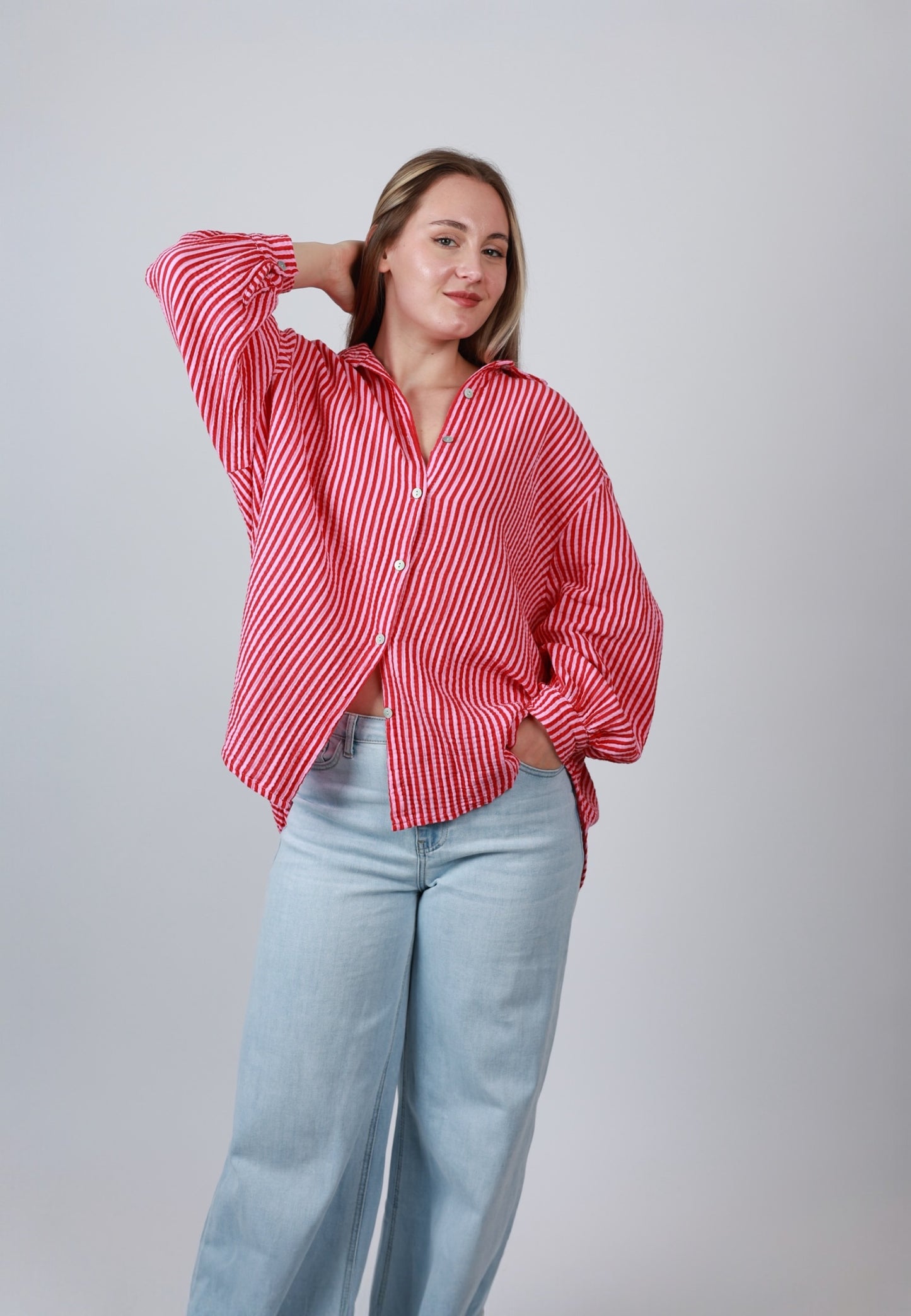 Musselinbluse Stripes - Rosa Rot