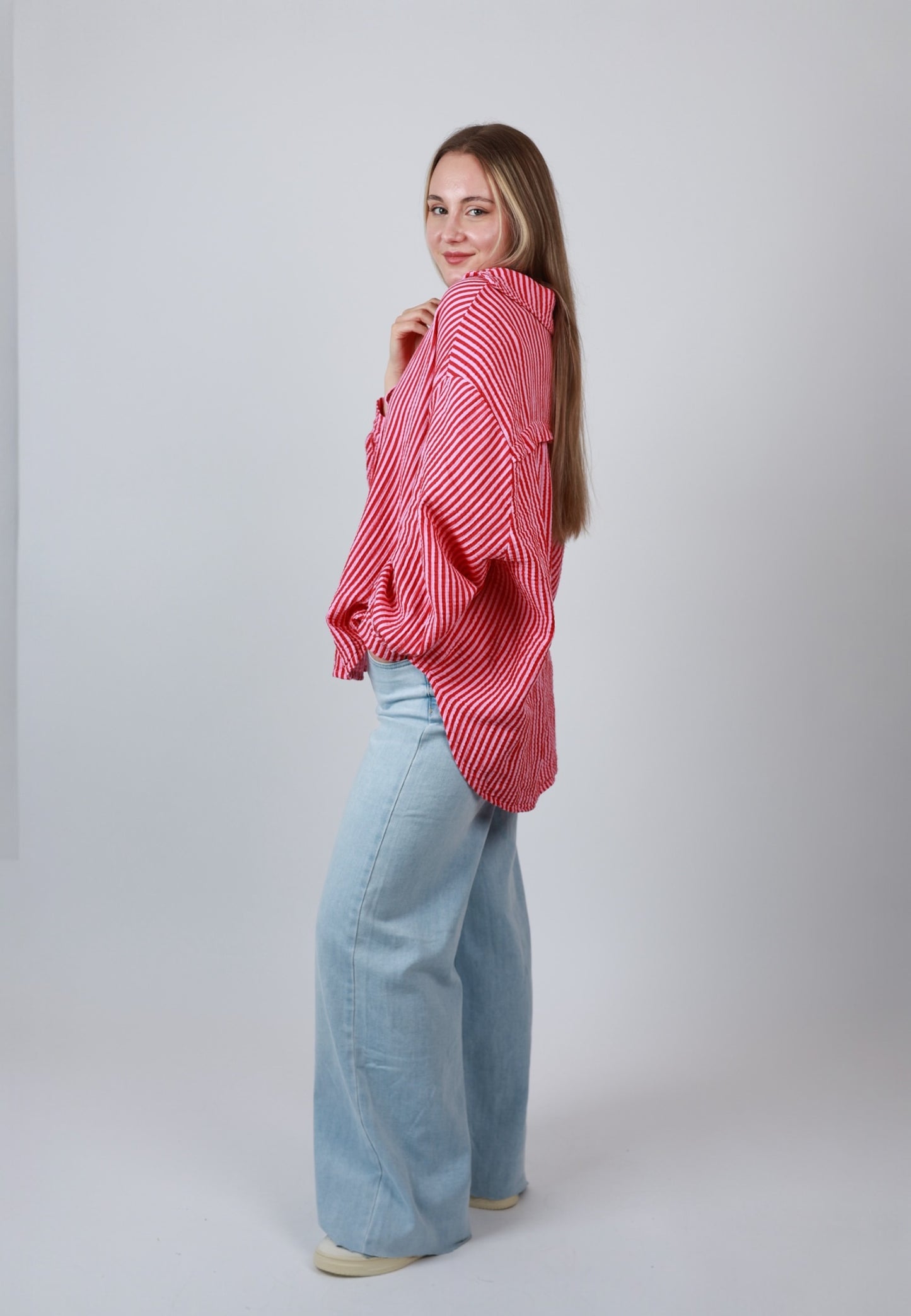 Musselinbluse Stripes - Rosa Rot