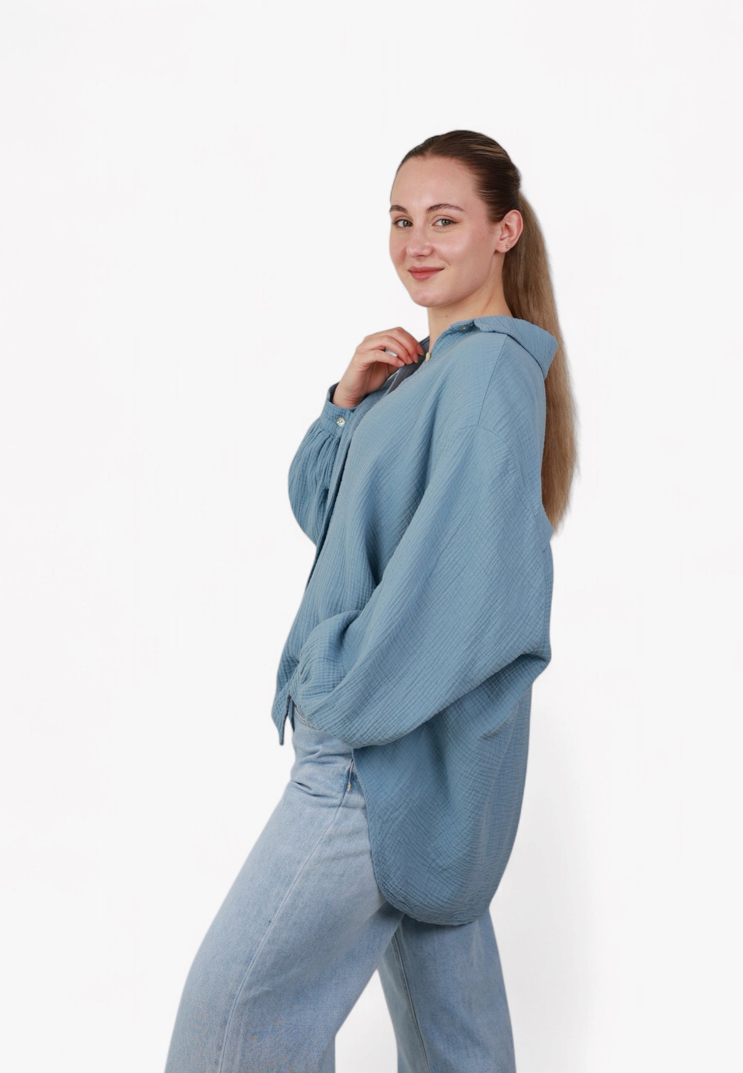 Musselin Midi Oversize Bluse - Jeansblau