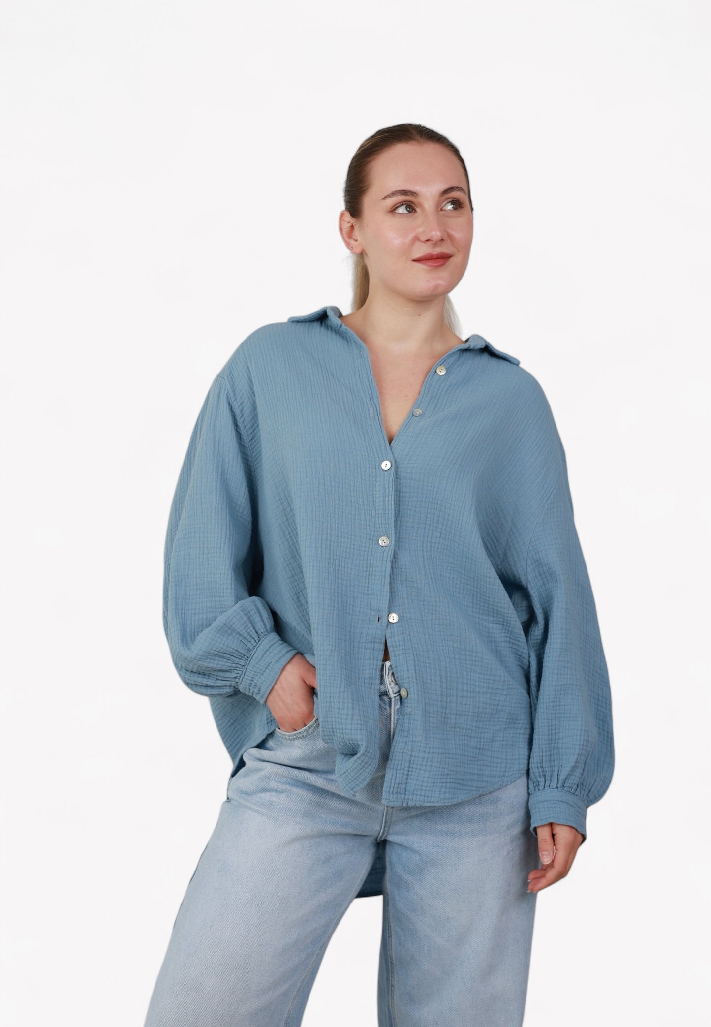 Musselin Midi Oversize Bluse - Jeansblau