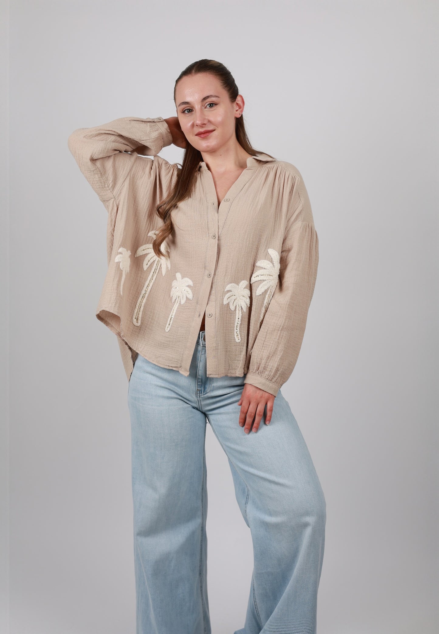 Palmtree Sparkle Oversize Musselinbluse - Taupe
