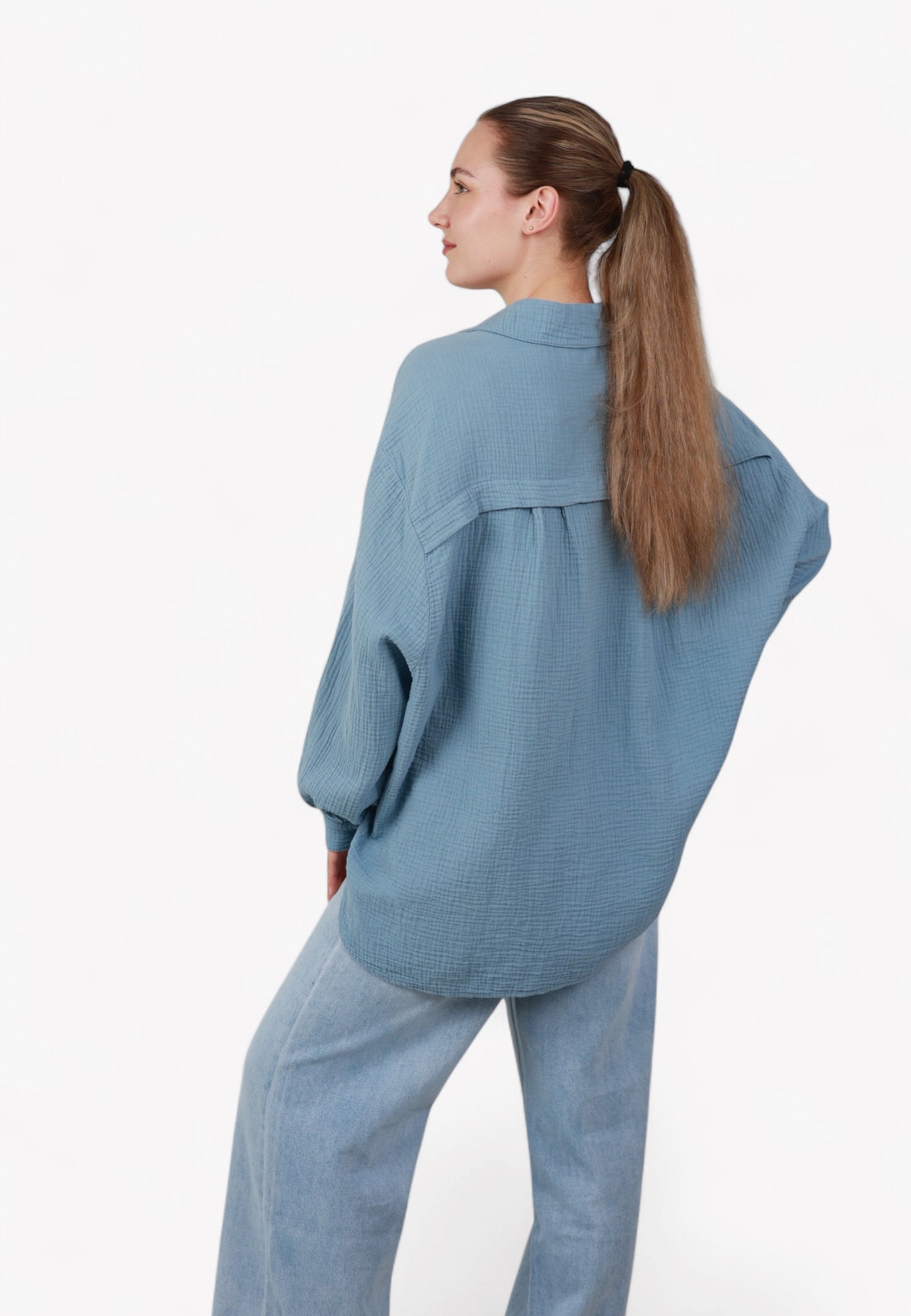 Musselin Midi Oversize Bluse - Jeansblau