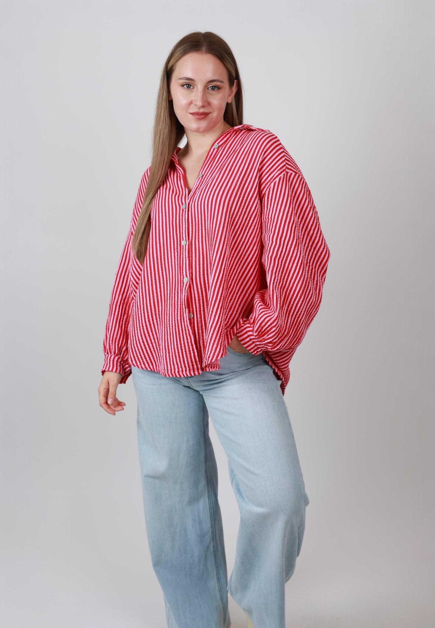 Musselinbluse Stripes - Rosa Rot