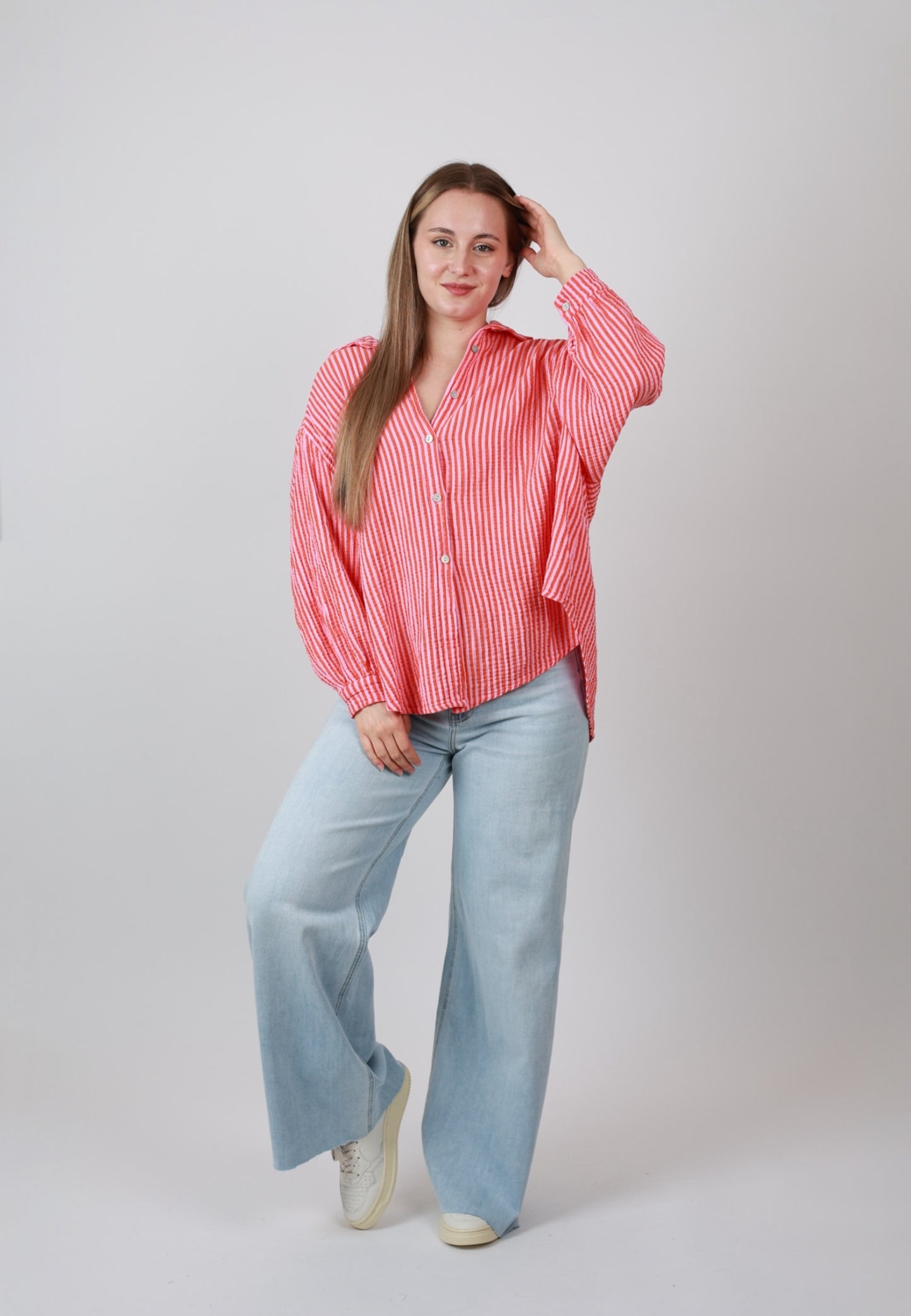 Musselinbluse Stripes - Rosa Orange