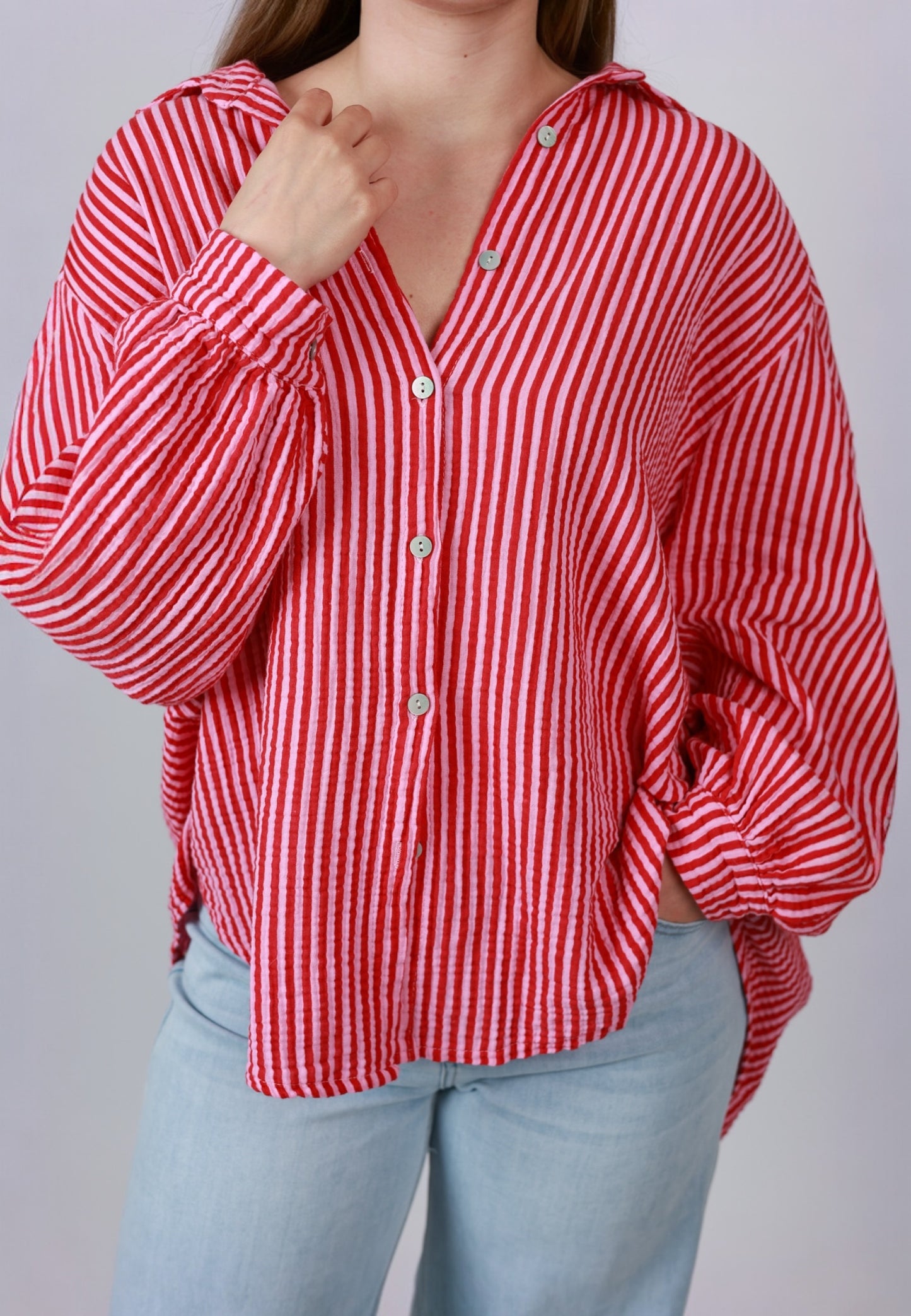 Musselinbluse Stripes - Rosa Rot