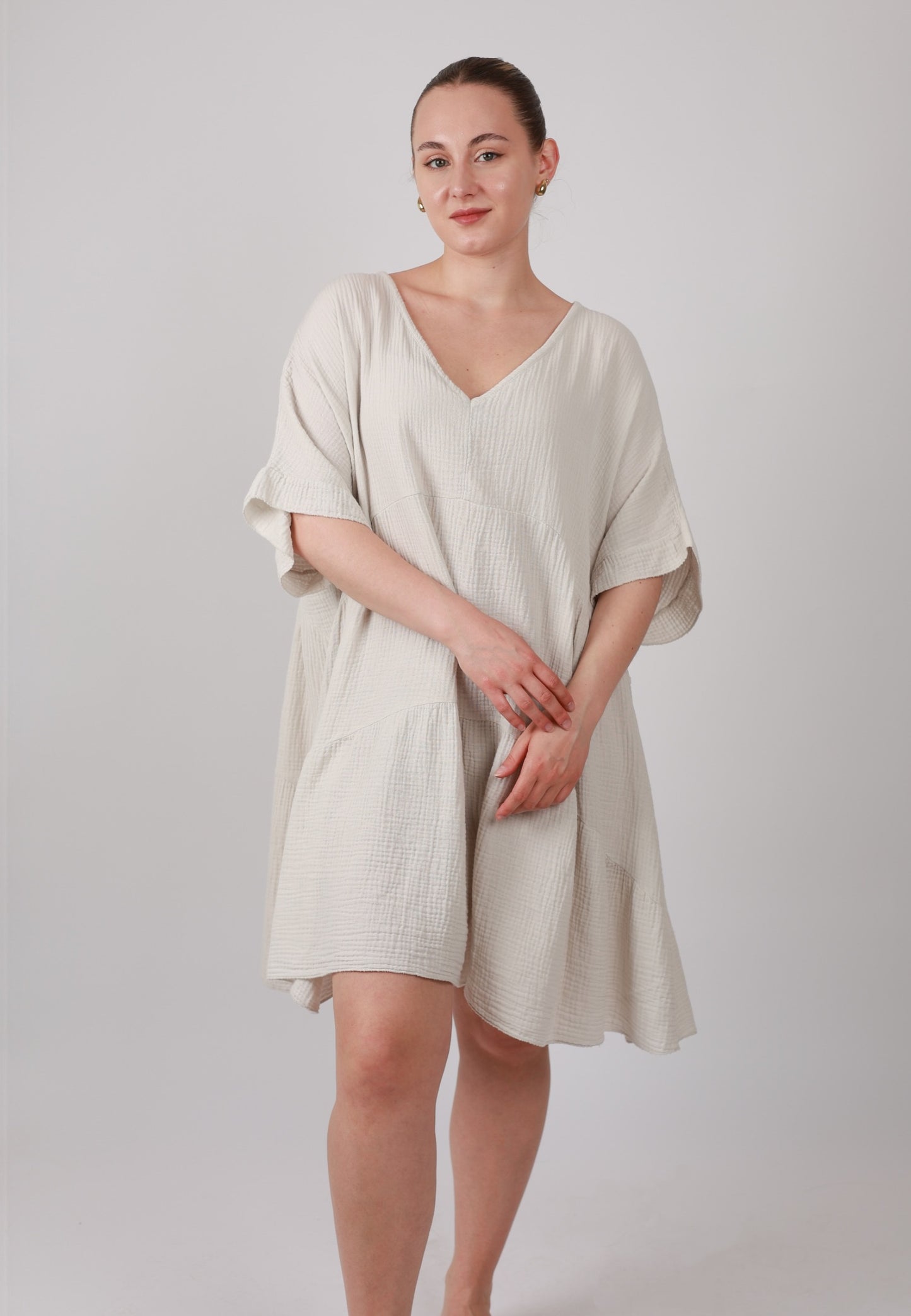 Musselin Tunika Midi mit V Ausschnit
