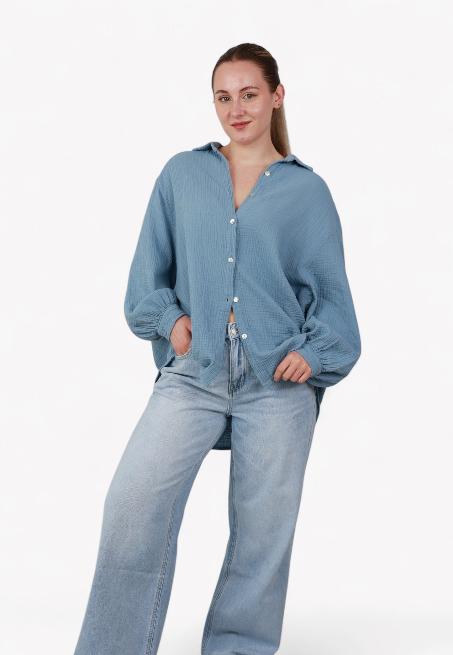 Musselin Midi Oversize Bluse - Jeansblau