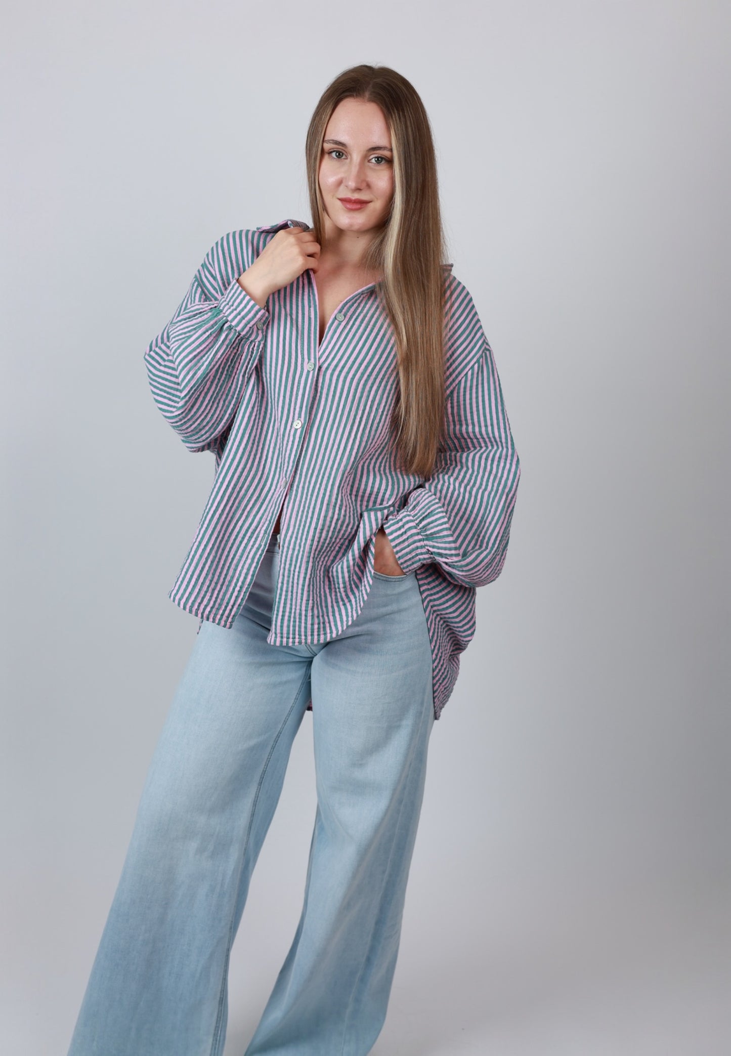Musselinbluse Stripes - Rosa Grün
