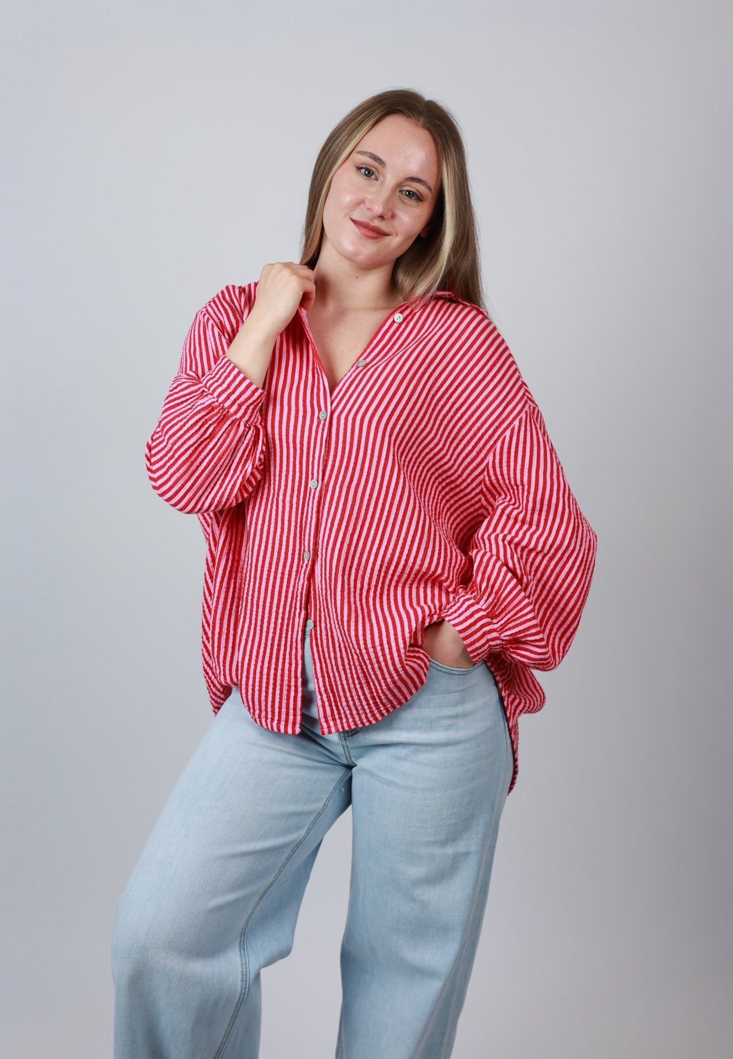 Musselinbluse Stripes - Rosa Rot