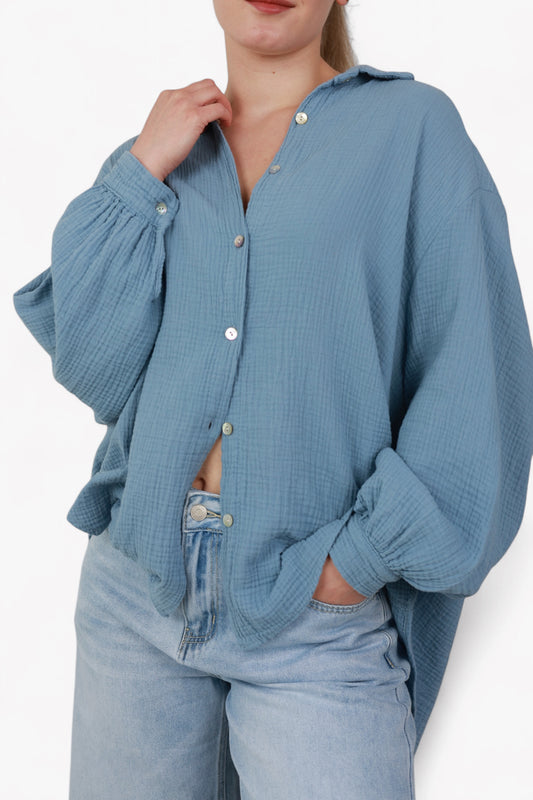 Musselin Midi Oversize Bluse - Jeansblau