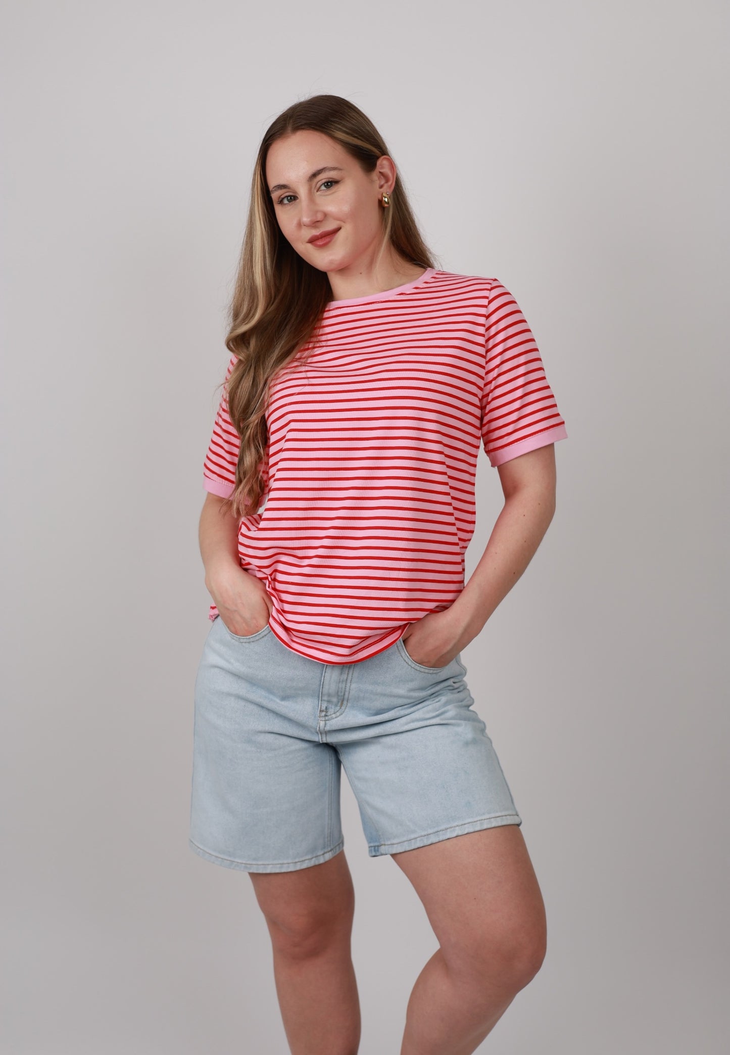 T-Shirt gestreift - Rosa mit Rot
