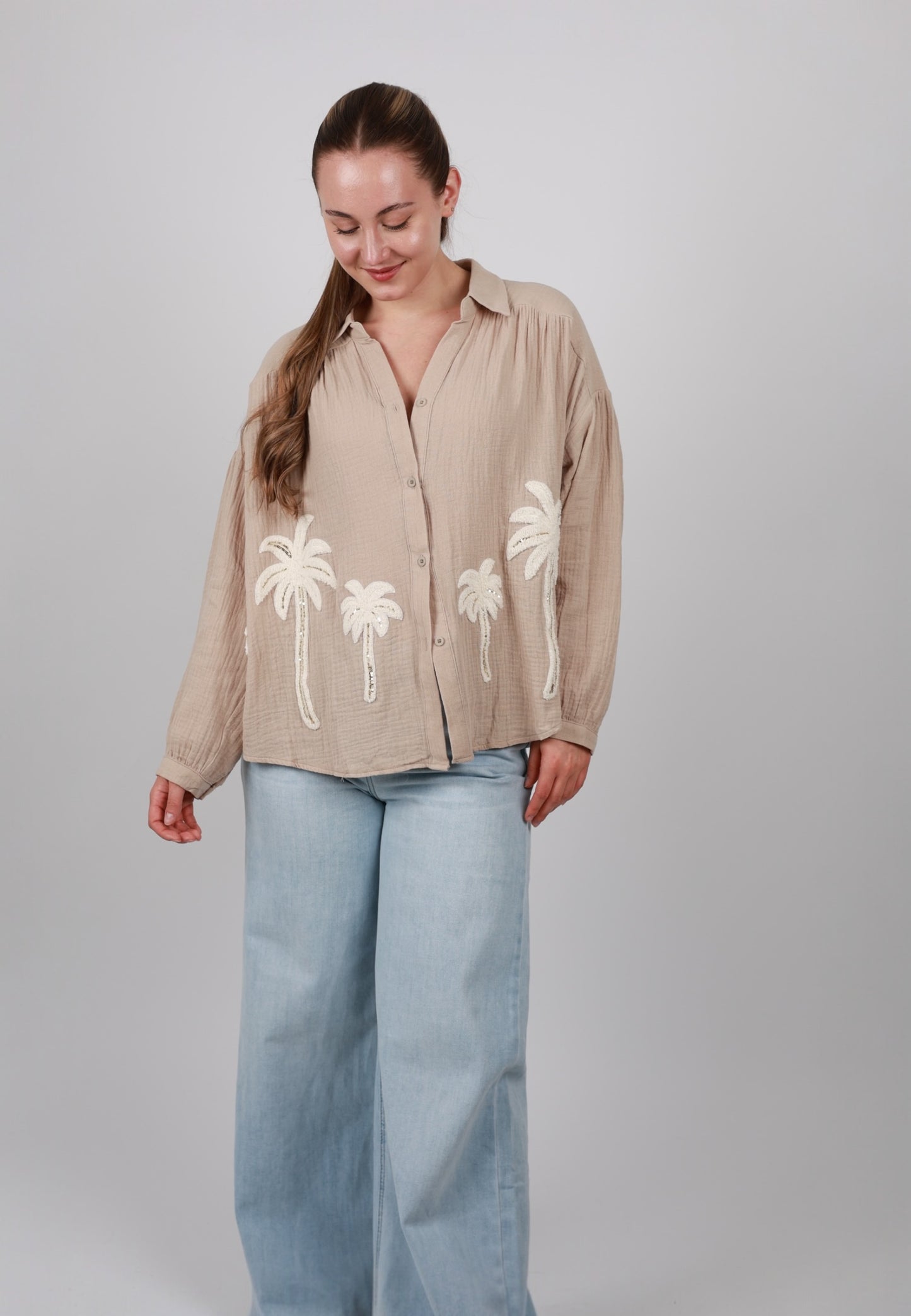 Palmtree Sparkle Oversize Musselinbluse - Taupe