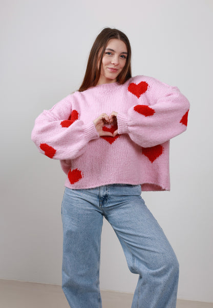 Kuschelweicher Pullover rosa mit roten Herzen-Umtausch nicht möglich❗️