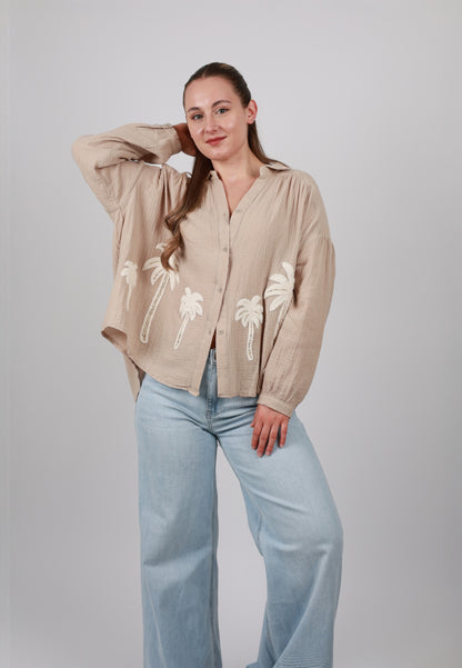 Palmtree Sparkle Oversize Musselinbluse - Taupe