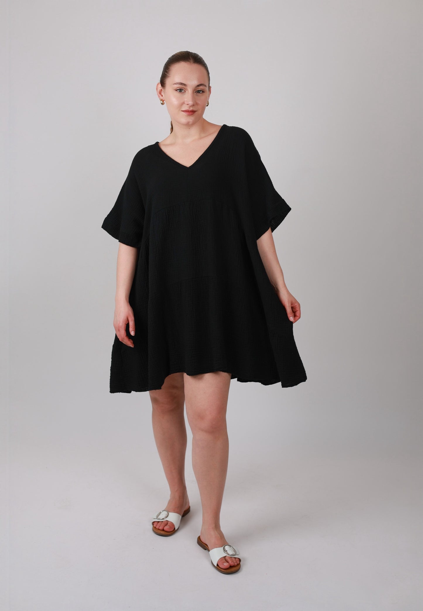 Musselin Tunika Midi mit V Ausschnit
