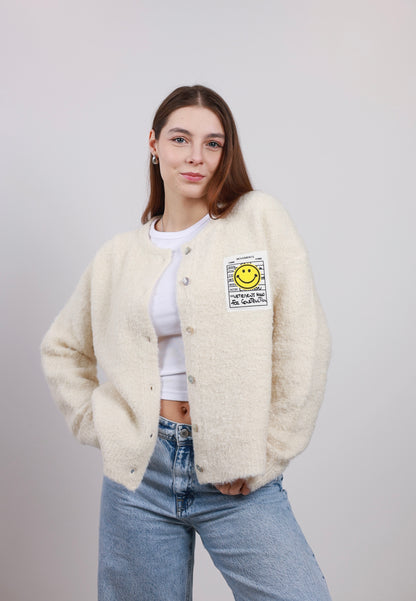 Kuschelige Strickjacke mit Smiley Patch - creme