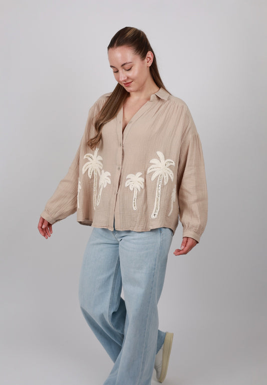 Palmtree Sparkle Oversize Musselinbluse - Taupe
