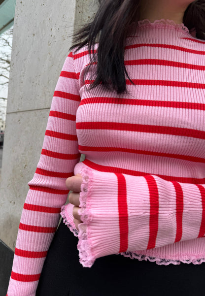 Ripp Oberteil langarm rosa/rot gestreift